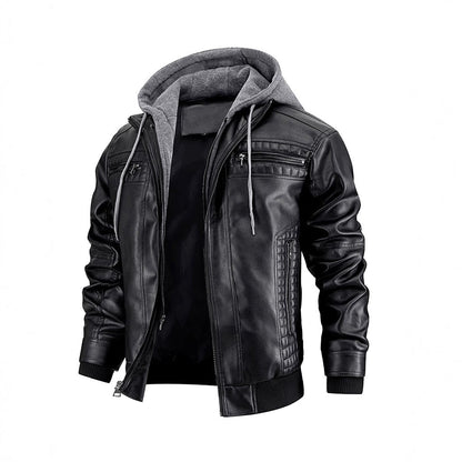 Lederjacke Herren Modern mit abnehmbarem Kapuzenfutter Schwarz