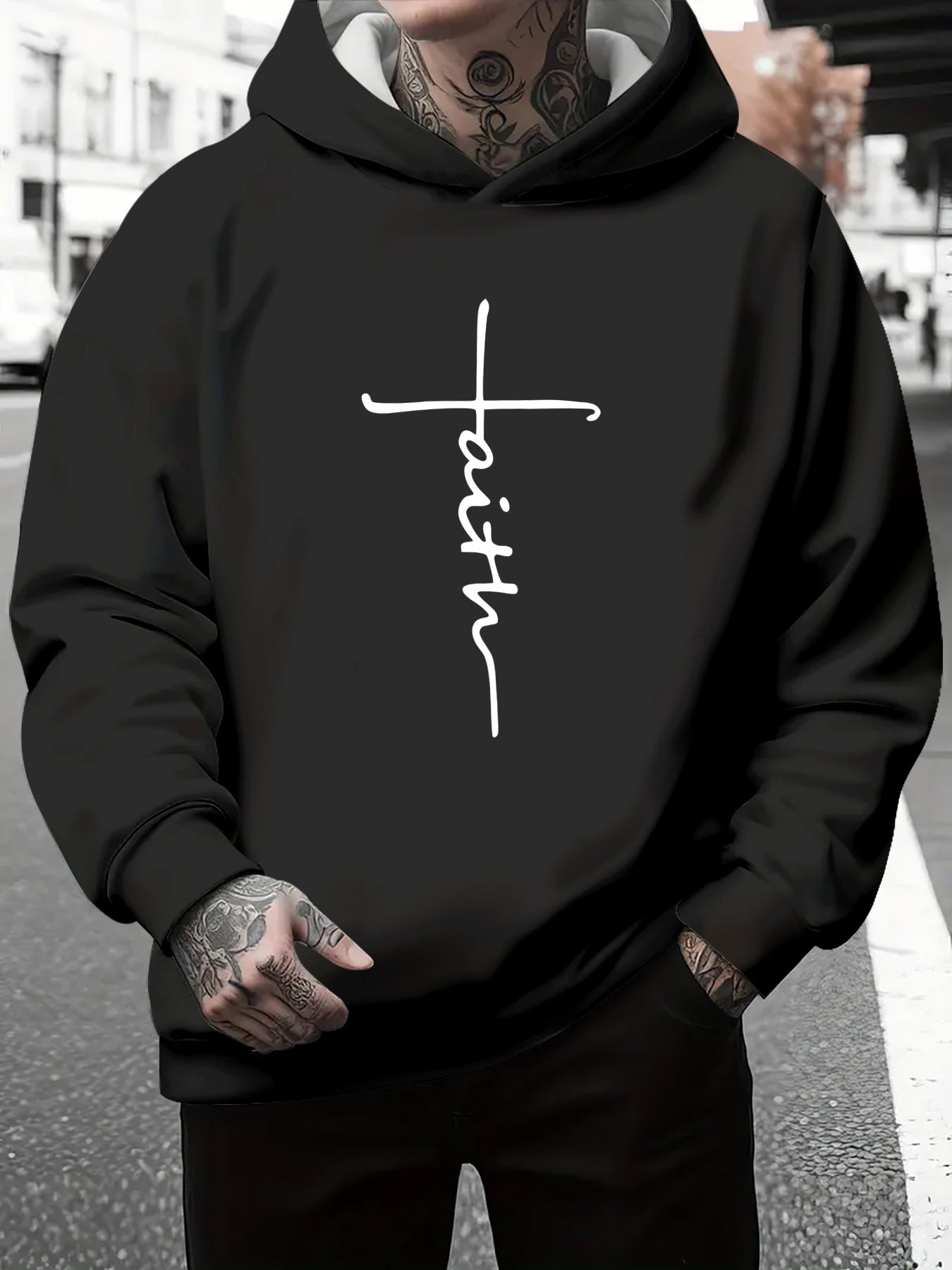 Herren Kapuzenpullover Grau Meliert mit Schriftzug