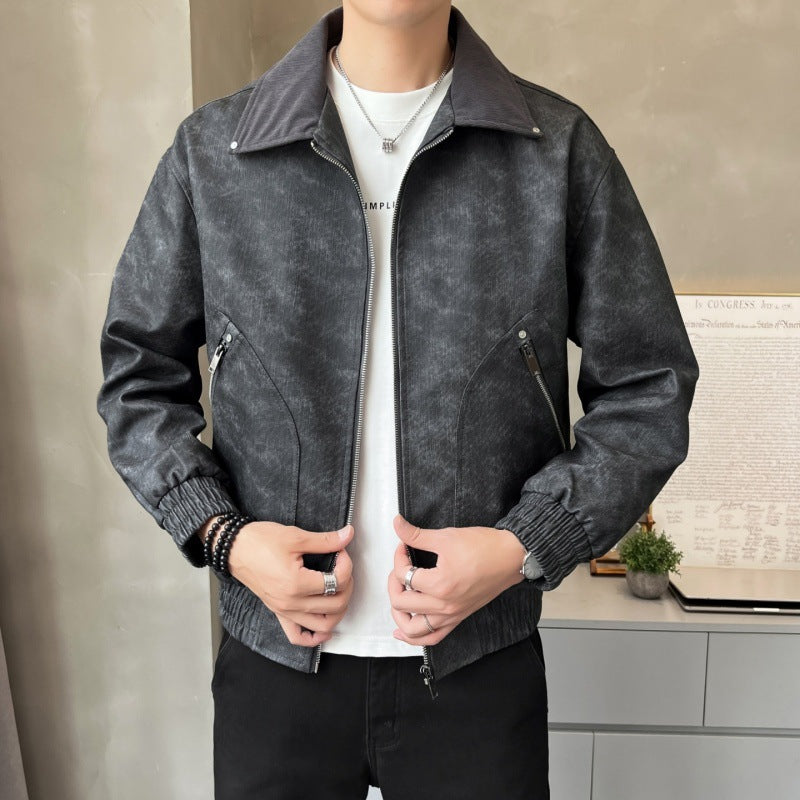 Herren Lederjacke Modern mit Stehkragen und Taschen
