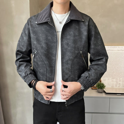 Herren Lederjacke Modern mit Stehkragen und Taschen