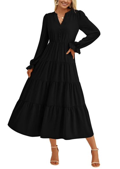 Damen Maxikleid Elegant Rüschendetails V-Ausschnitt Sommerkleid