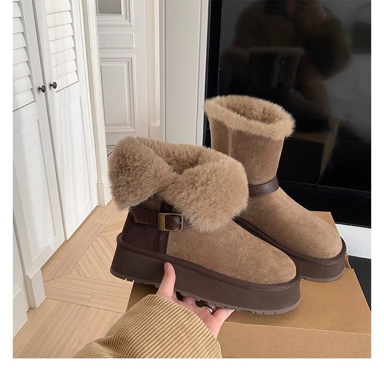 Damen Stiefel Booties mit Weichem Fellkragen Schnallenverschluss