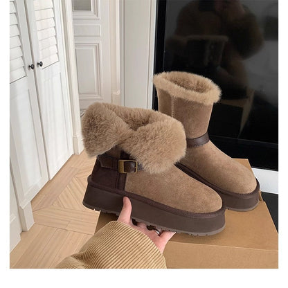 Damen Stiefel Booties mit Weichem Fellkragen Schnallenverschluss
