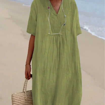 Damen Midi-Kleid Bequem V-Ausschnitt Kurzärmlig Sommerkleid