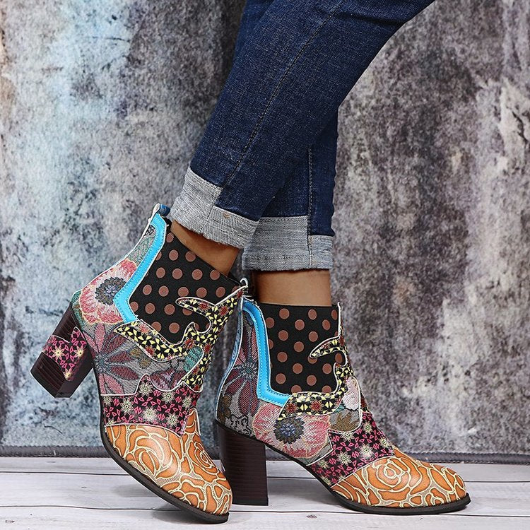 Damen Stiefeletten Elegante Floral Schuhe mit Knöpfen