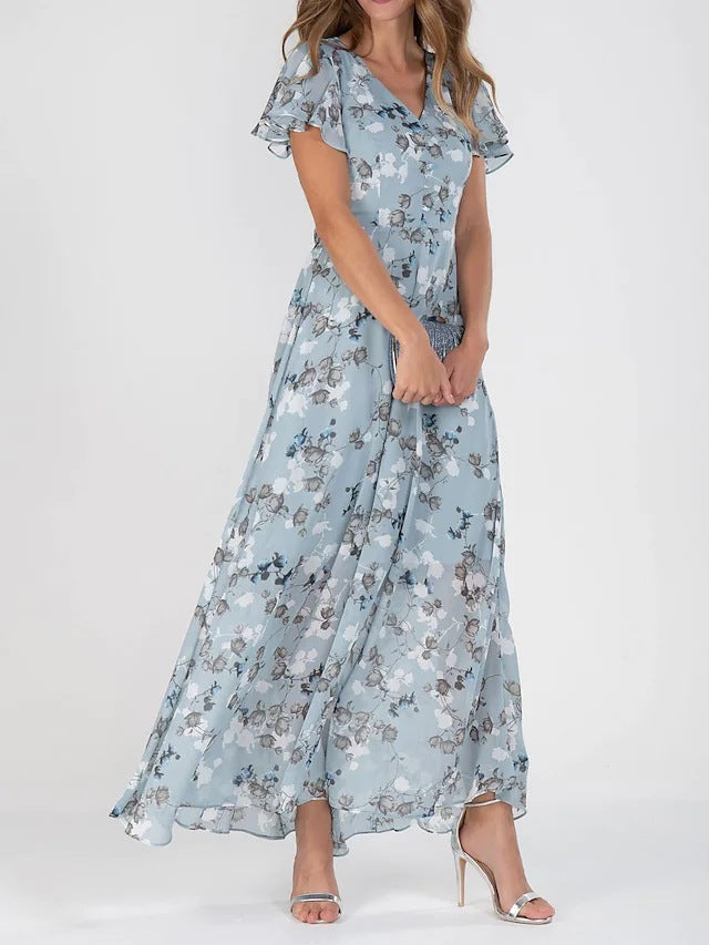 Damen Maxikleid Lang Florale Blumen Chiffon Kleid