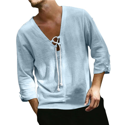 Herren Langarmhemd V-Ausschnitt Schnürung Modern Style