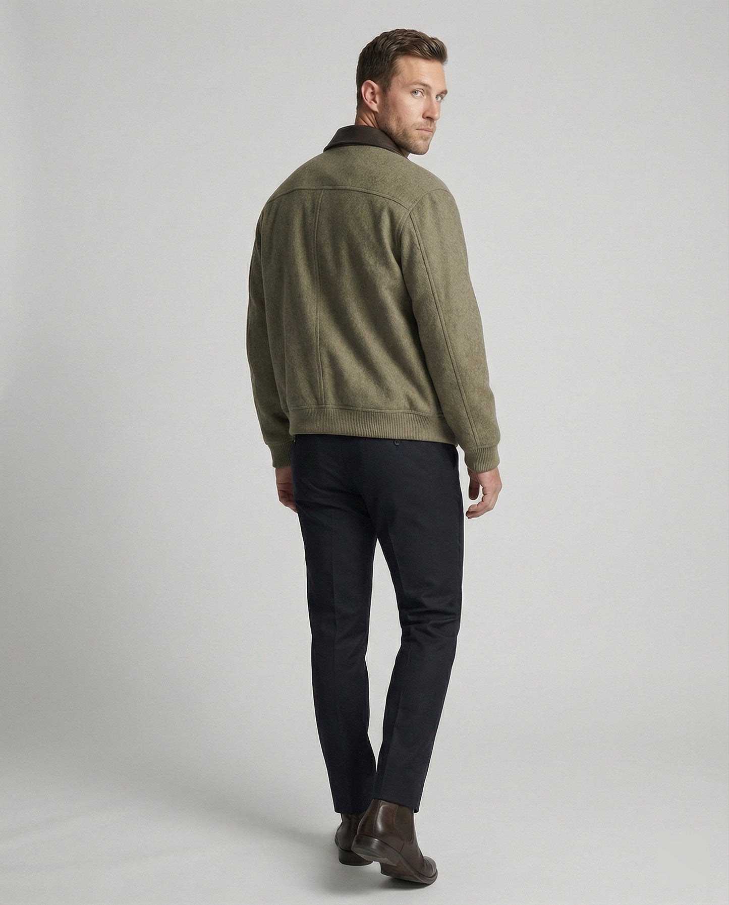 Herren Blouson Wollmix schwarz Reißverschluss Lederkragen