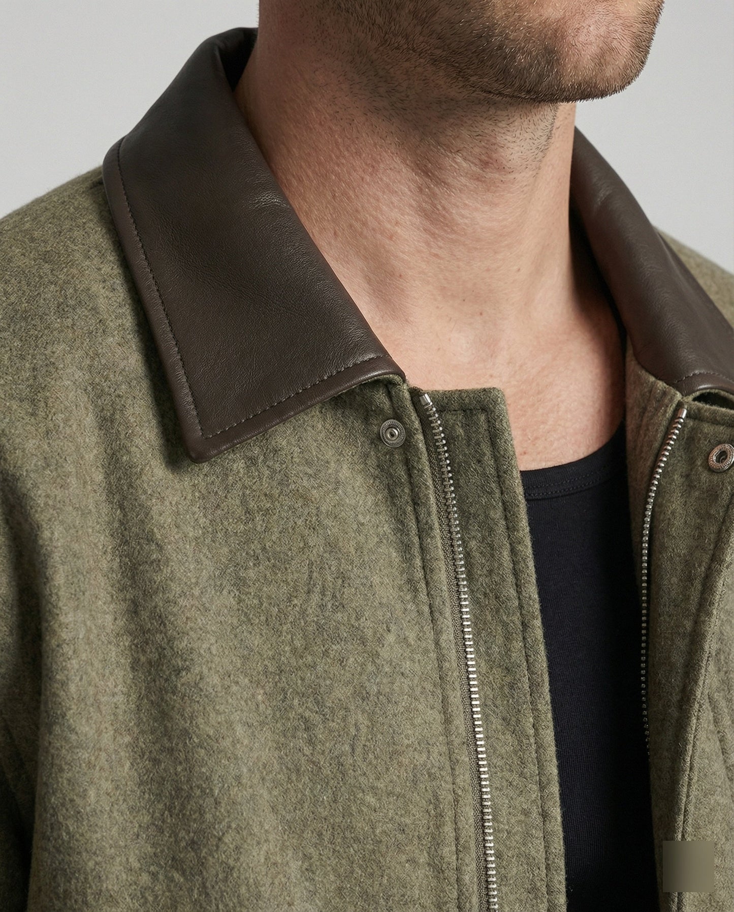 Herren Blouson Wollmix schwarz Reißverschluss Lederkragen
