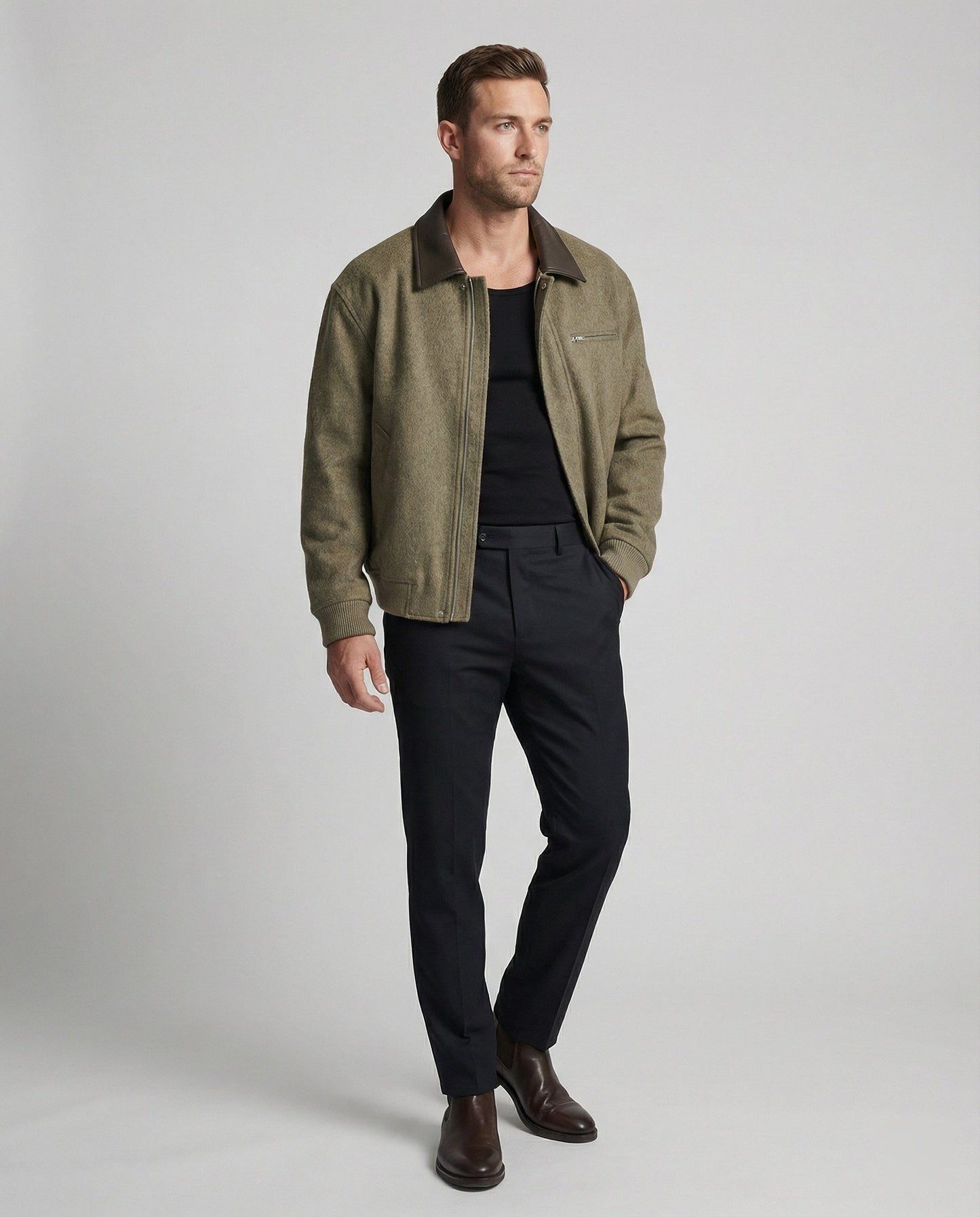 Herren Blouson Wollmix schwarz Reißverschluss Lederkragen