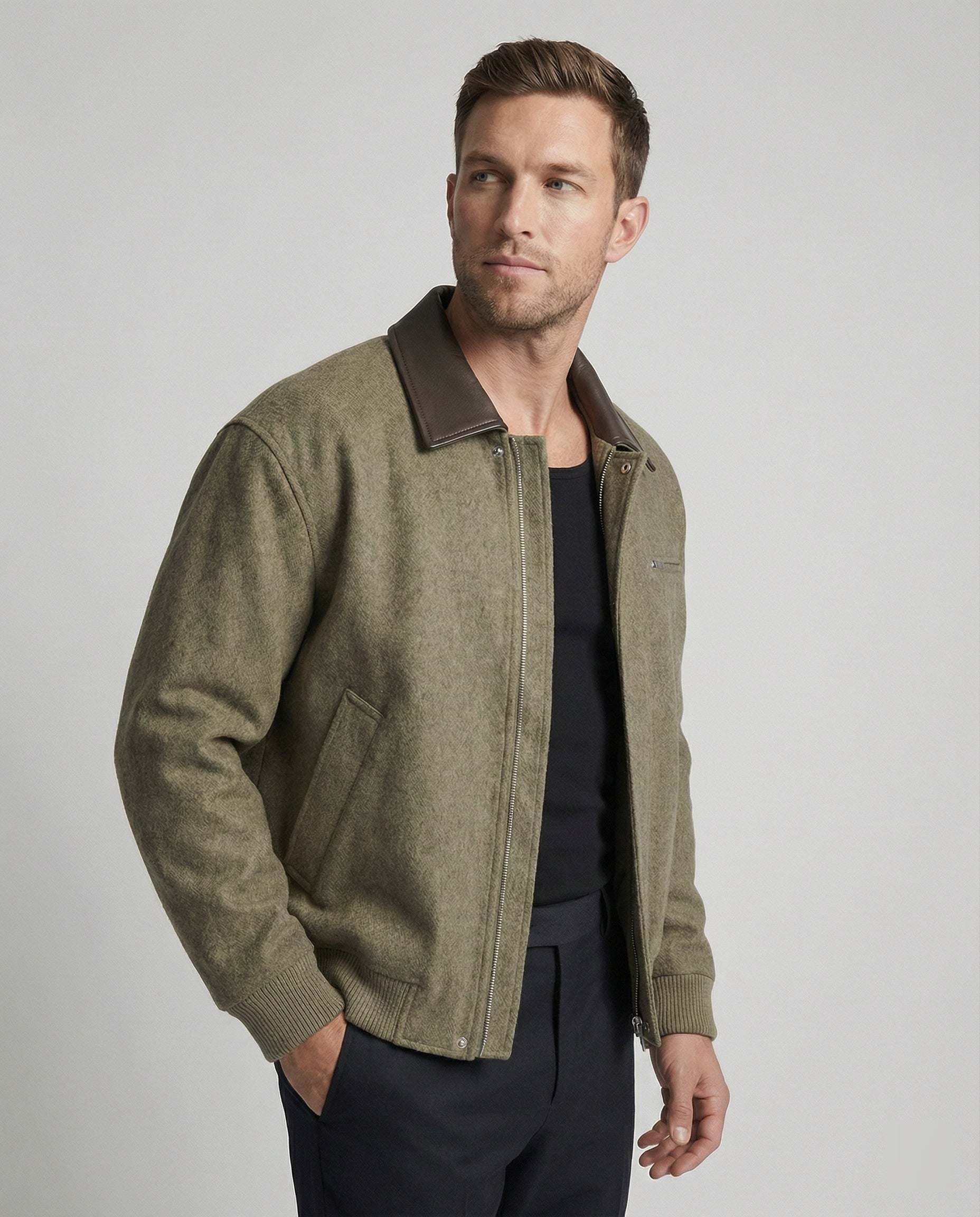 Herren Blouson Wollmix schwarz Reißverschluss Lederkragen - BerlinGlamour
