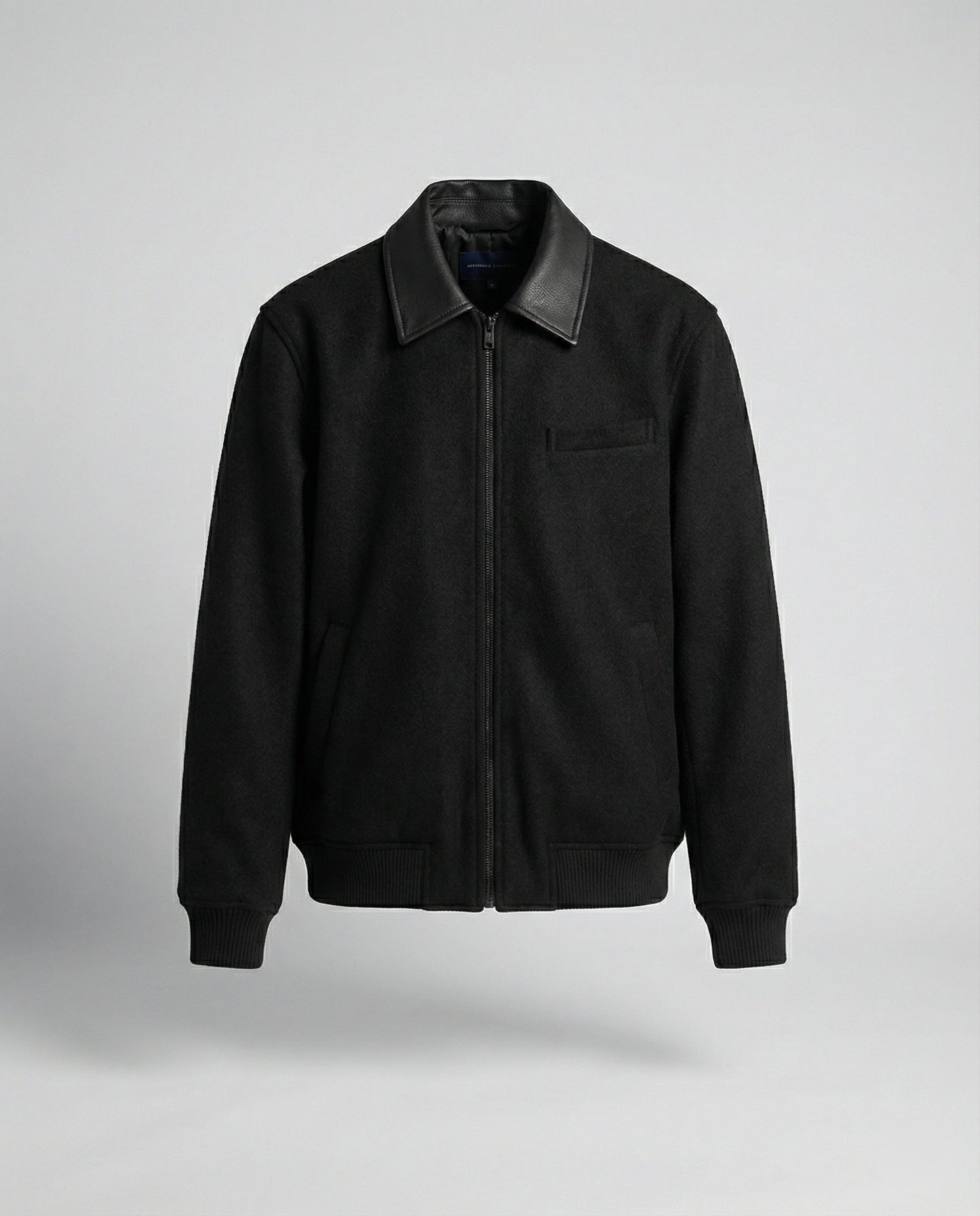 Herren Blouson Wollmix schwarz Reißverschluss Lederkragen