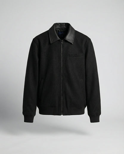Herren Blouson Wollmix schwarz Reißverschluss Lederkragen