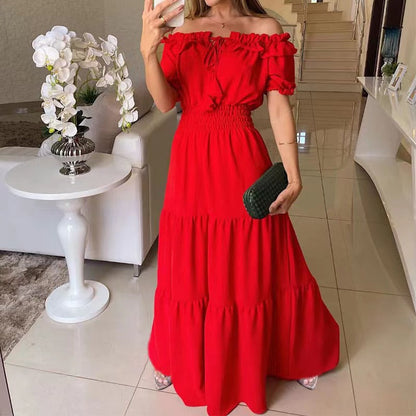Damen Maxikleid Schulterfrei Rüschenkleid Sommer