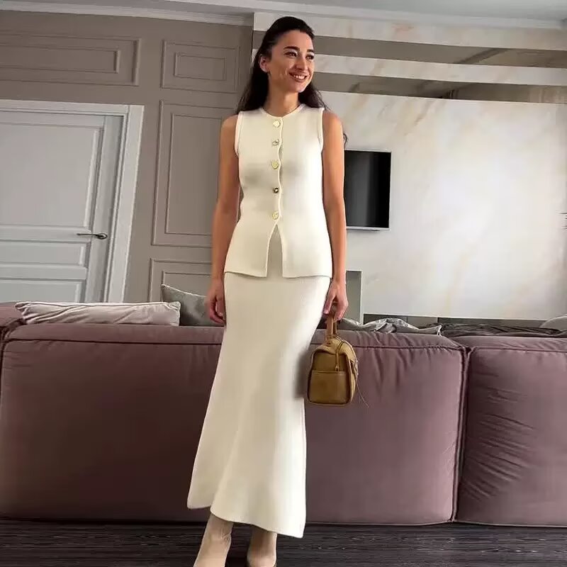 Damen Set Ärmellos mit Knöpfen und Rock Frauen Kleid Set Elegant - BerlinGlamour