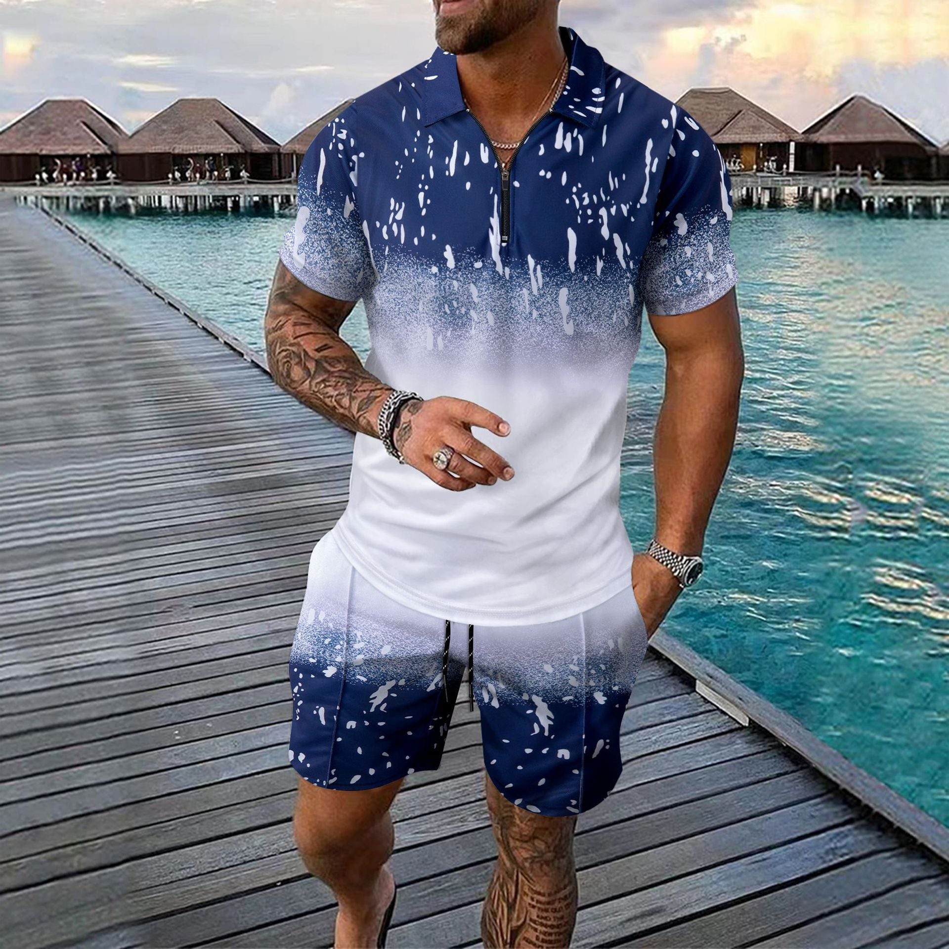 Herren T-Shirt Kurzarm Sportlich mit Reißverschluss Grafik Design - BerlinGlamour