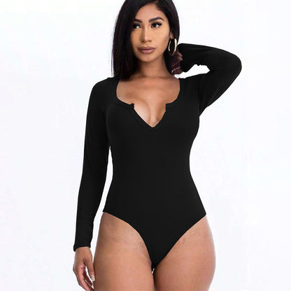 Damen Body V-Ausschnitt Langarm Sexy