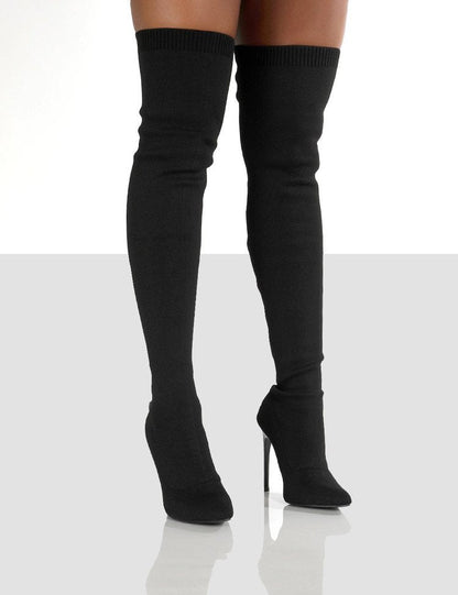 Damen Stiefel Overknee Spitz Absatz Strickdesign Elegante