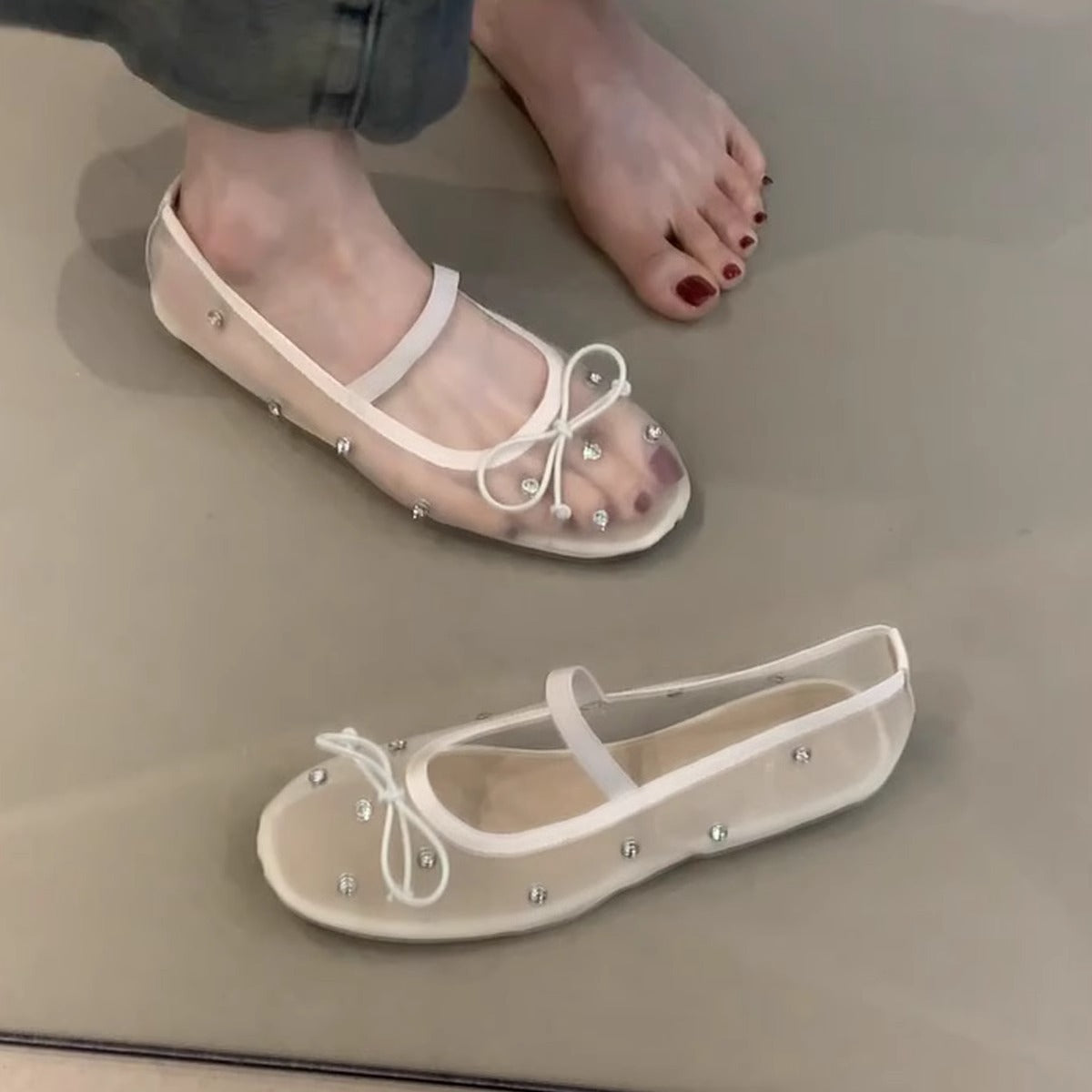 Damen Ballerinas Transparent Perlen Schmuck