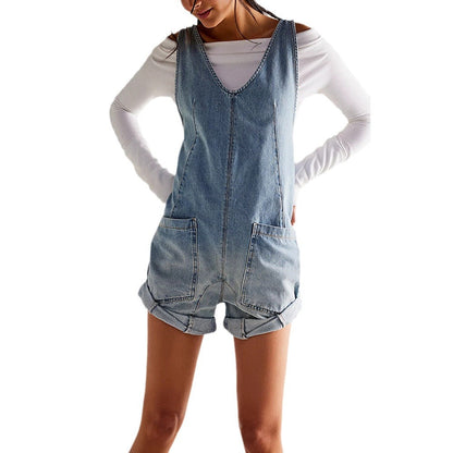 Denim Jumpsuit Shorts mit verstellbarer Träger