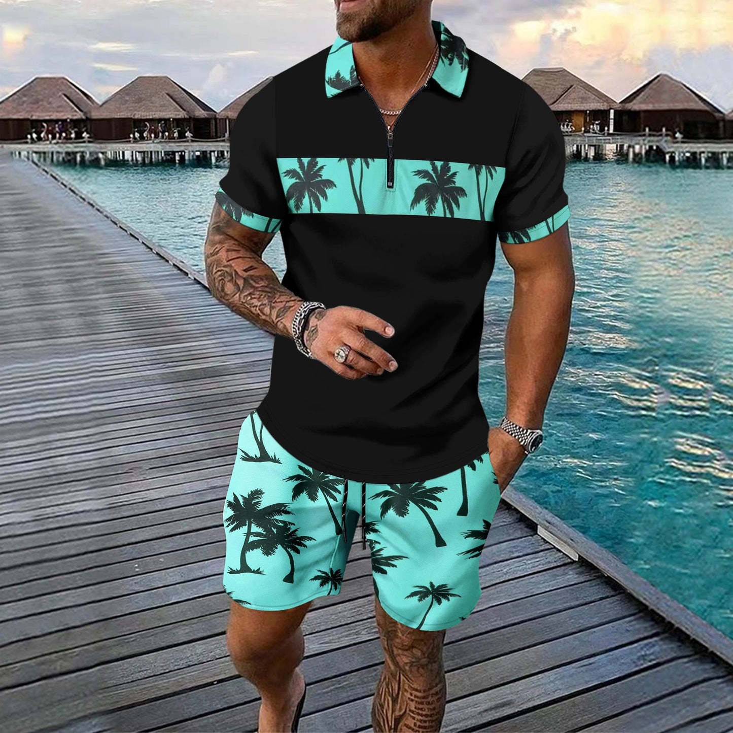 Herren Polohemd Elegant Geschnitzt mit Shorts Sommer
