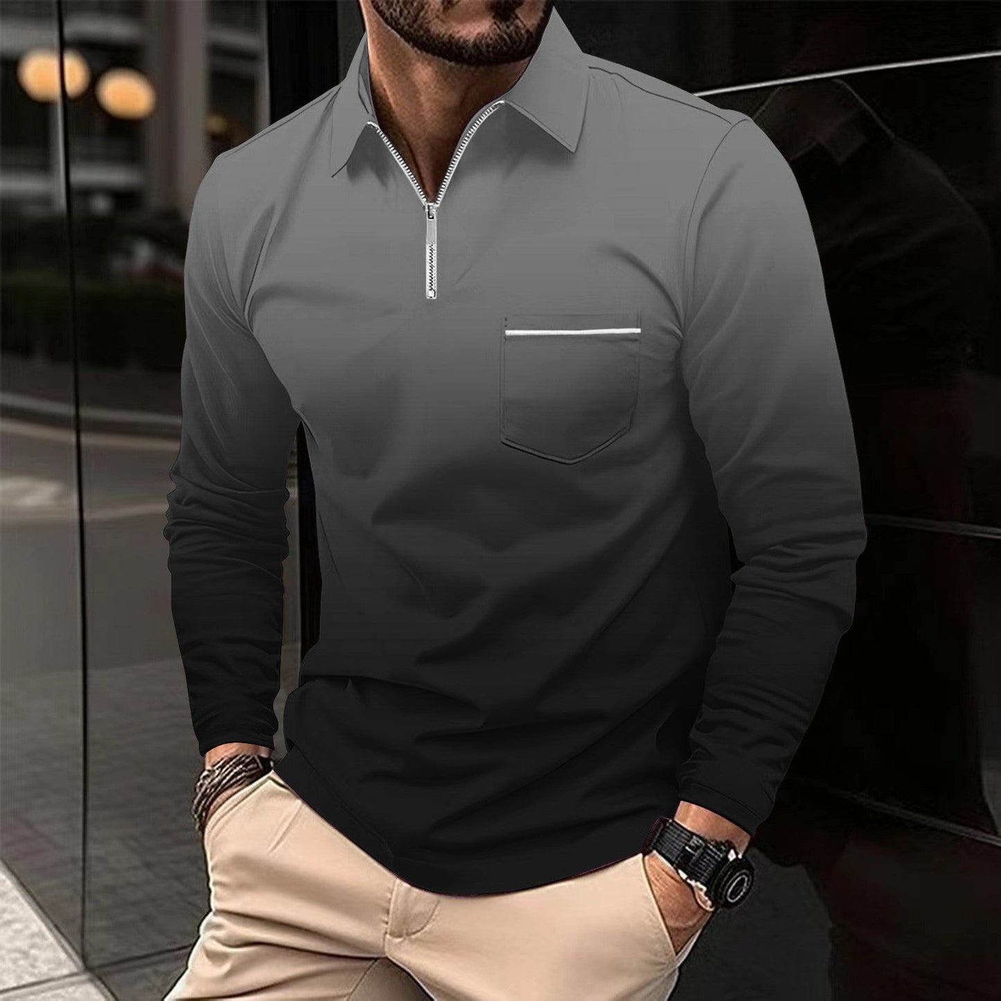 Herren Langarmshirt Modern Reißverschluss Brusttasche Praktisch - BerlinGlamour
