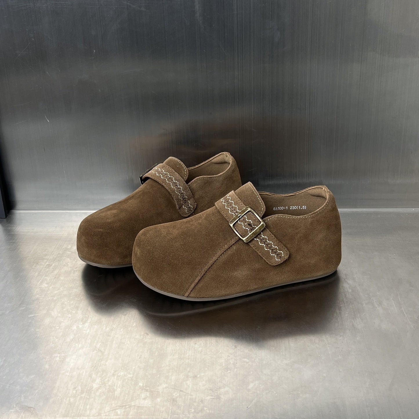 Damen Clogs Wildleder Braun Schnallenverschluss Comfort