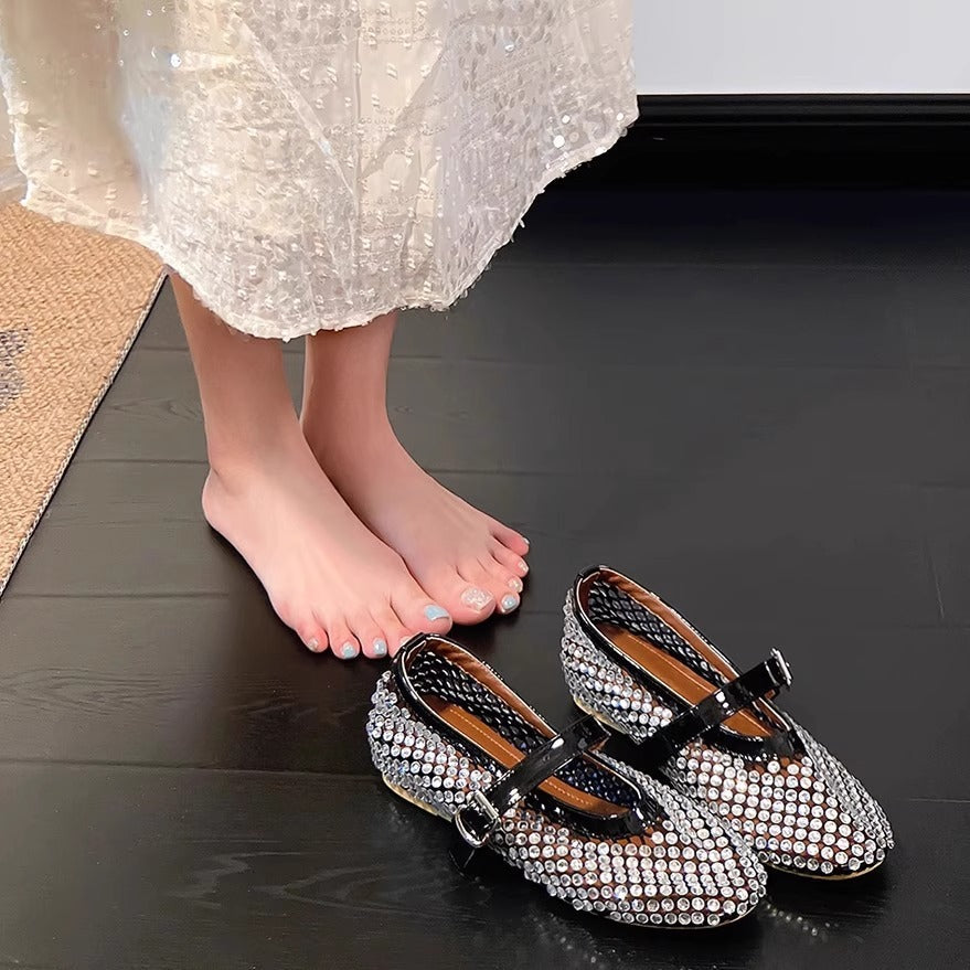 Damen Ballerinas Glitzer Strassstein Elegant Riemen - BerlinGlamour