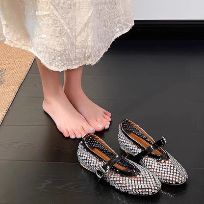 Damen Ballerinas Glitzer Strassstein Elegant Riemen - BerlinGlamour