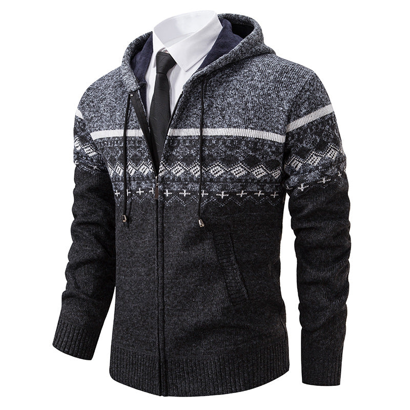 Herren Strickjacke Kapuze Jacquard Muster Modern