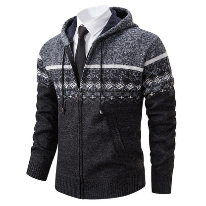 Herren Strickjacke Kapuze Jacquard Muster Modern