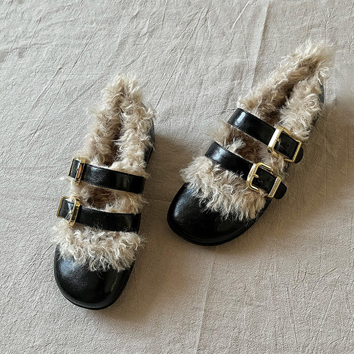 Damen Clogs Kuschelig Kunstfell Schnallen Modisch