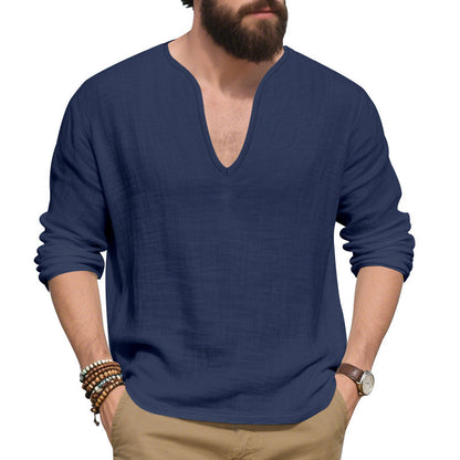 Herren Leinenhemd Lässig V-Ausschnitt Langarm Sommer