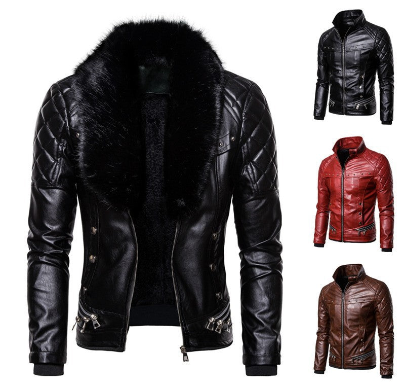 Herren Lederjacke Bikerstil mit Kunstfellkragen Schwarz