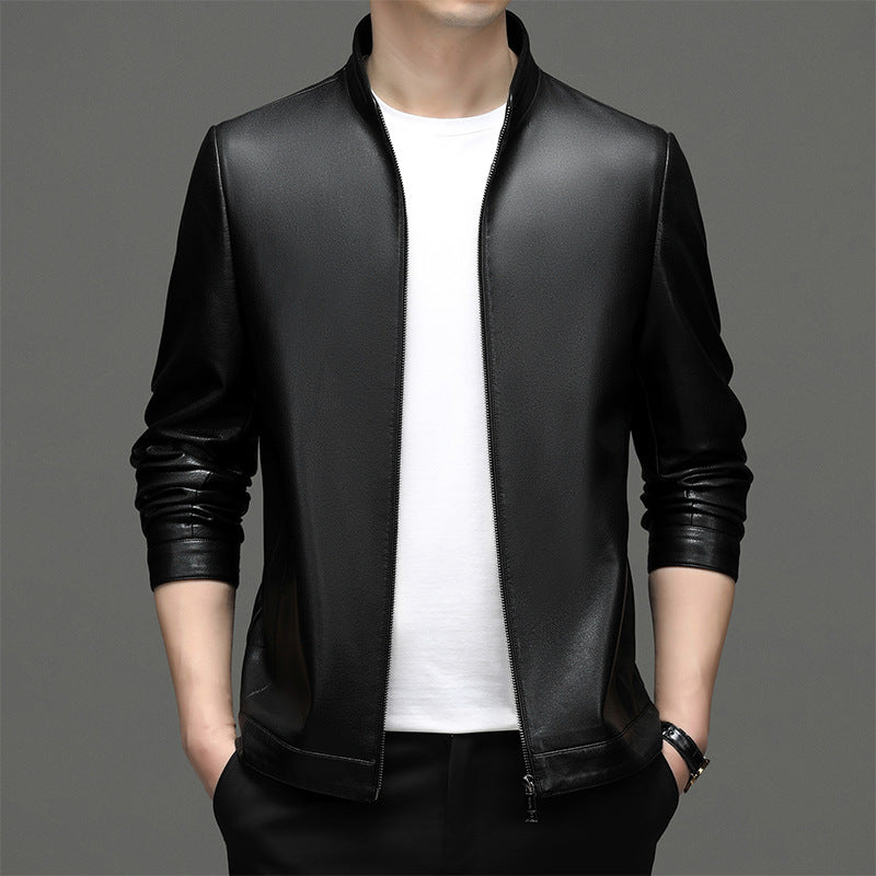 Herren Lederjacke Modern Stehkragen Elegant Schwarz