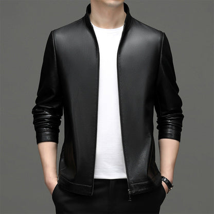 Herren Lederjacke Modern Stehkragen Elegant Schwarz