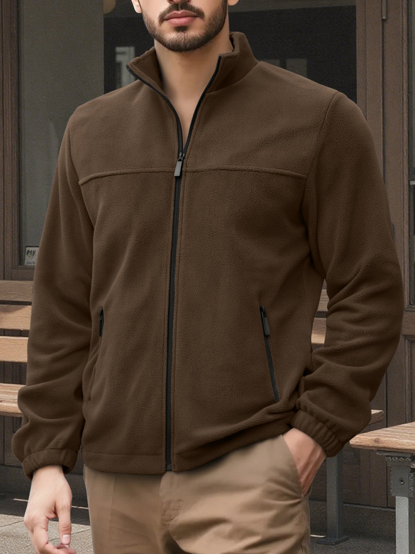 Herren Fleecejacke Hochkragen Warm Schwarz