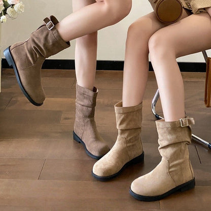 Damen Stiefel Mit Schnalle Und Falten Design