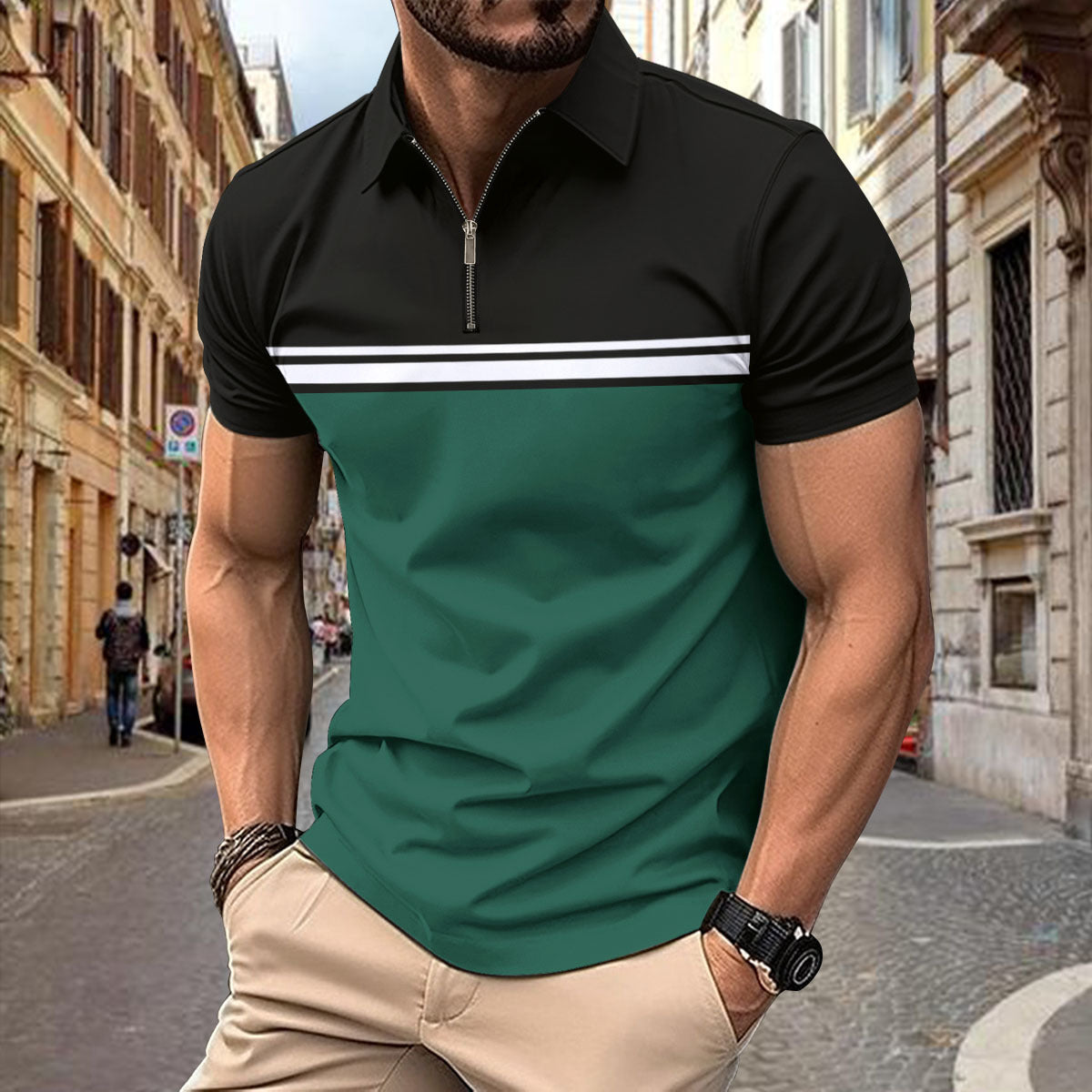 Herren Kurzarmshirt Sportlich Mit Reißverschluss Modern