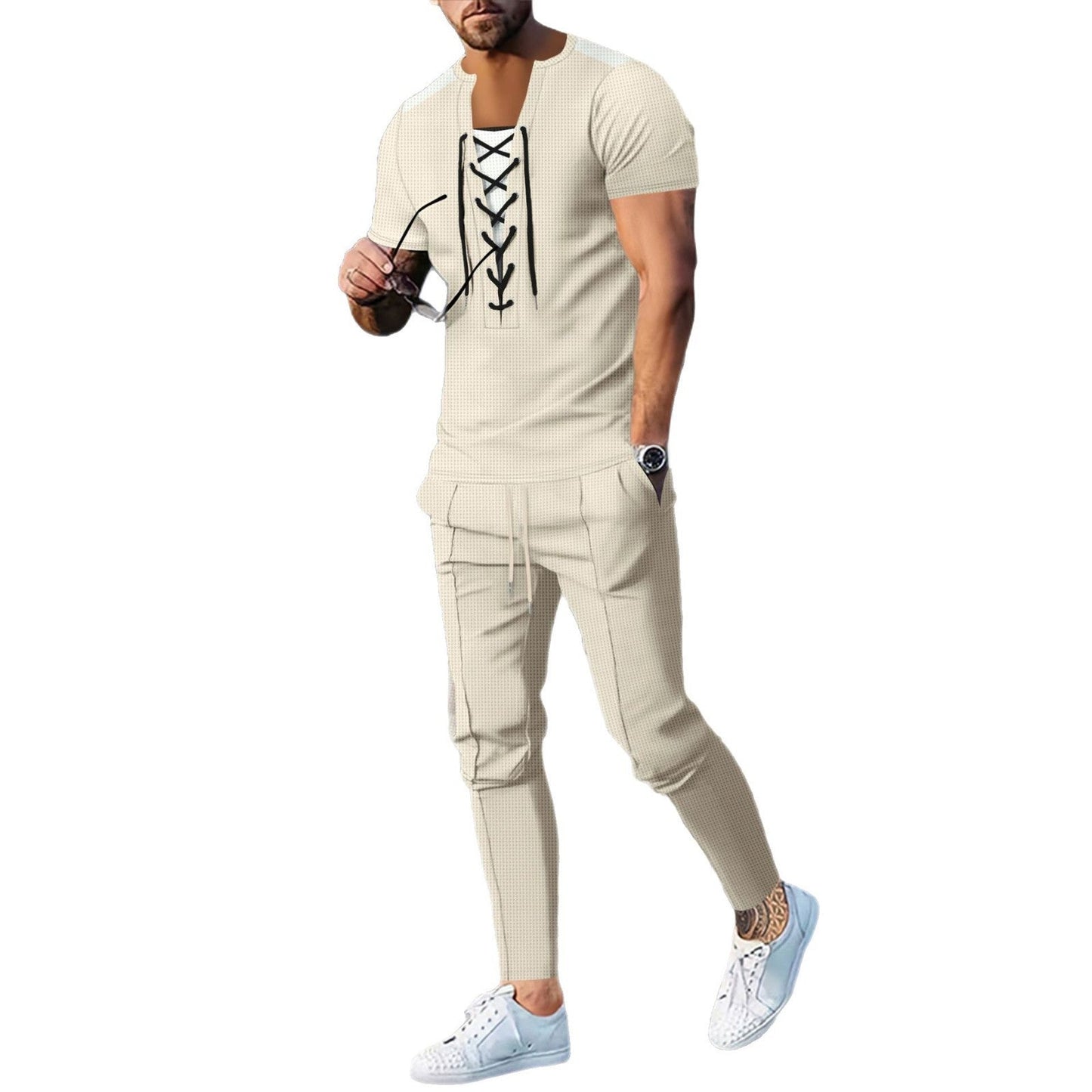 Herren Oberteil Schnürung Freizeitshirt Modern