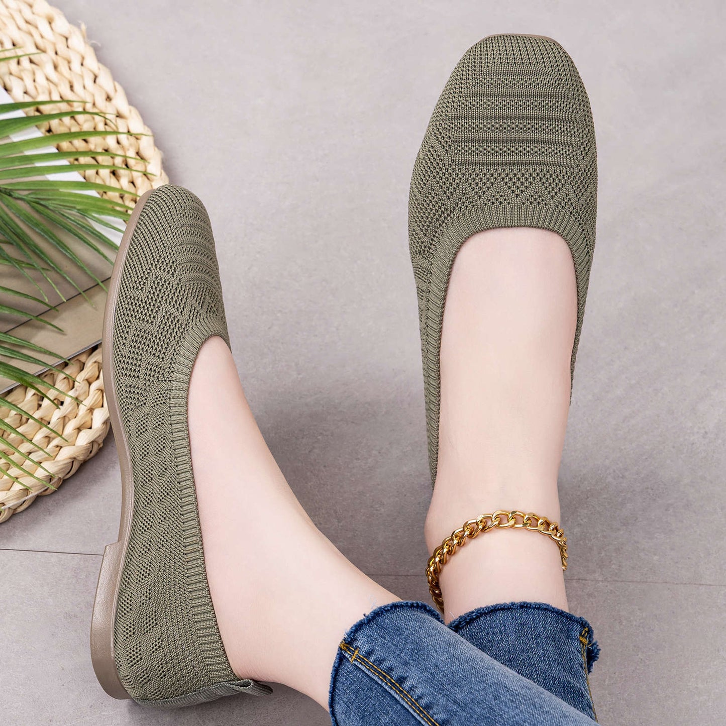 Damen Ballerinas Atmungsaktiv Strick Bequem Elegant