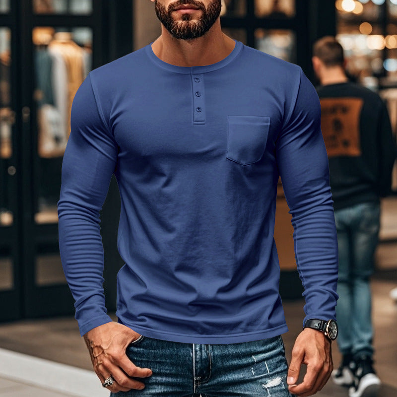Herren Henley-Shirt Langarm Baumwolle Strukturiert mit Brusttasche