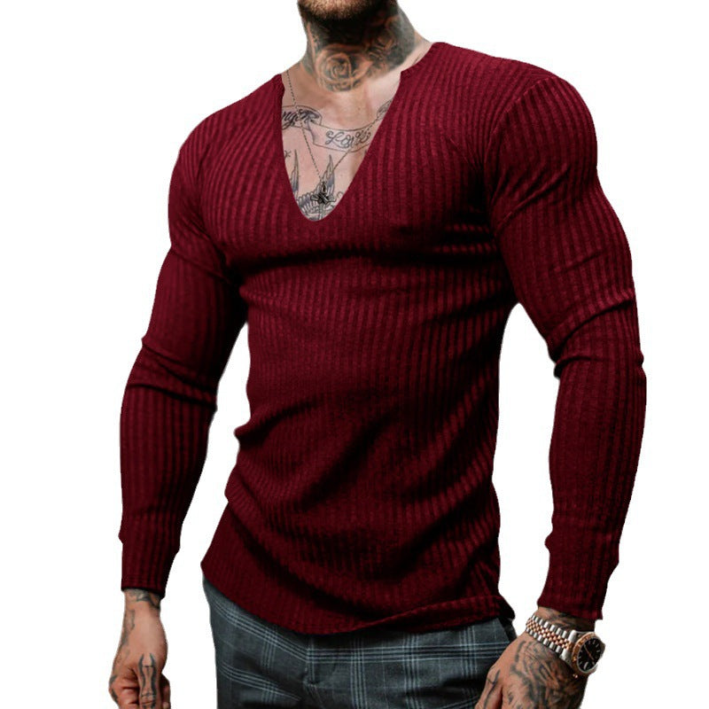 Herren Langarmshirt V-Ausschnitt Feine Rippstruktur Modern