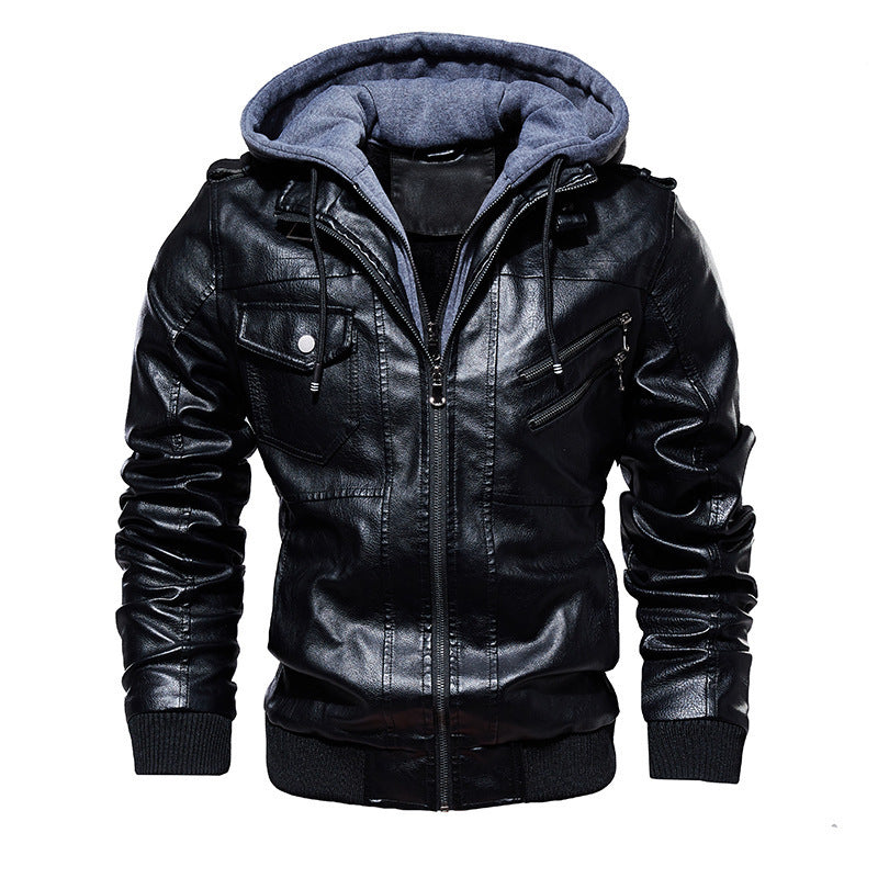 Herren Lederjacke Lässig Mit Kapuze Viel Taschen