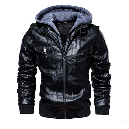 Herren Lederjacke Lässig Mit Kapuze Viel Taschen