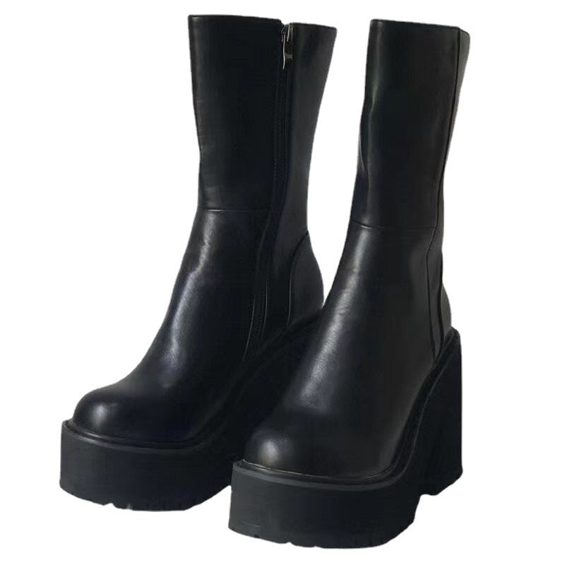 Damen Plateau-Stiefel Hoch Blockabsatz Reißverschluss Schwarz