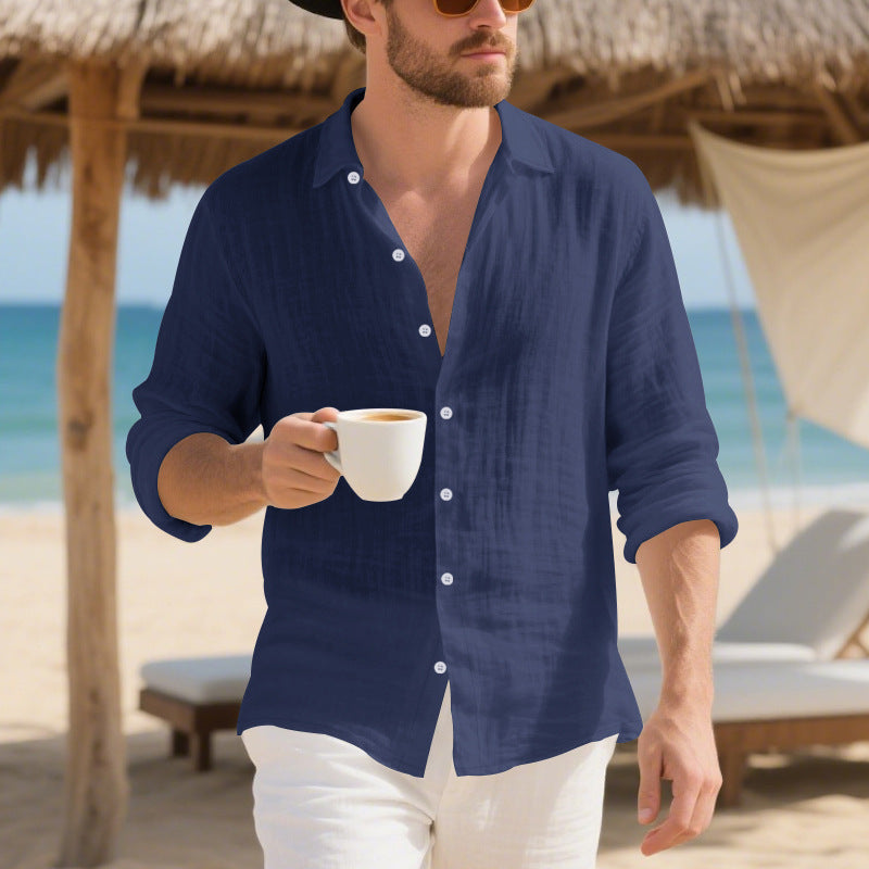 Herren Leinenhemd Casual Knopfleiste Sommerweiß