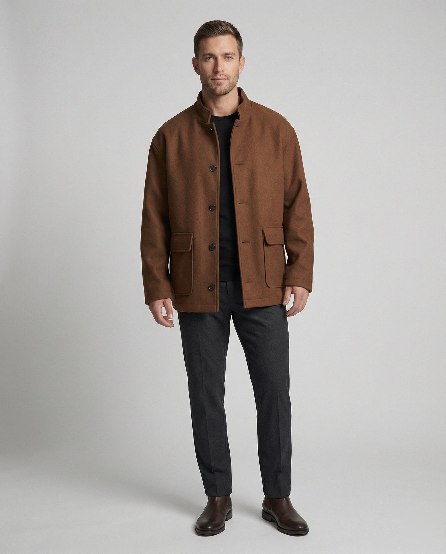 Herren Woll-Hemdjacke Locker Geschnitten Mit Pattentasche