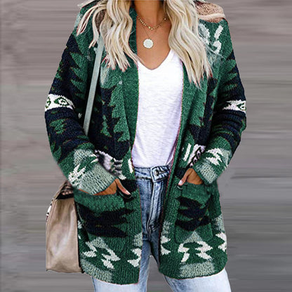 Damen Strickjacke Ethno-Stil Lässig Mit Taschen