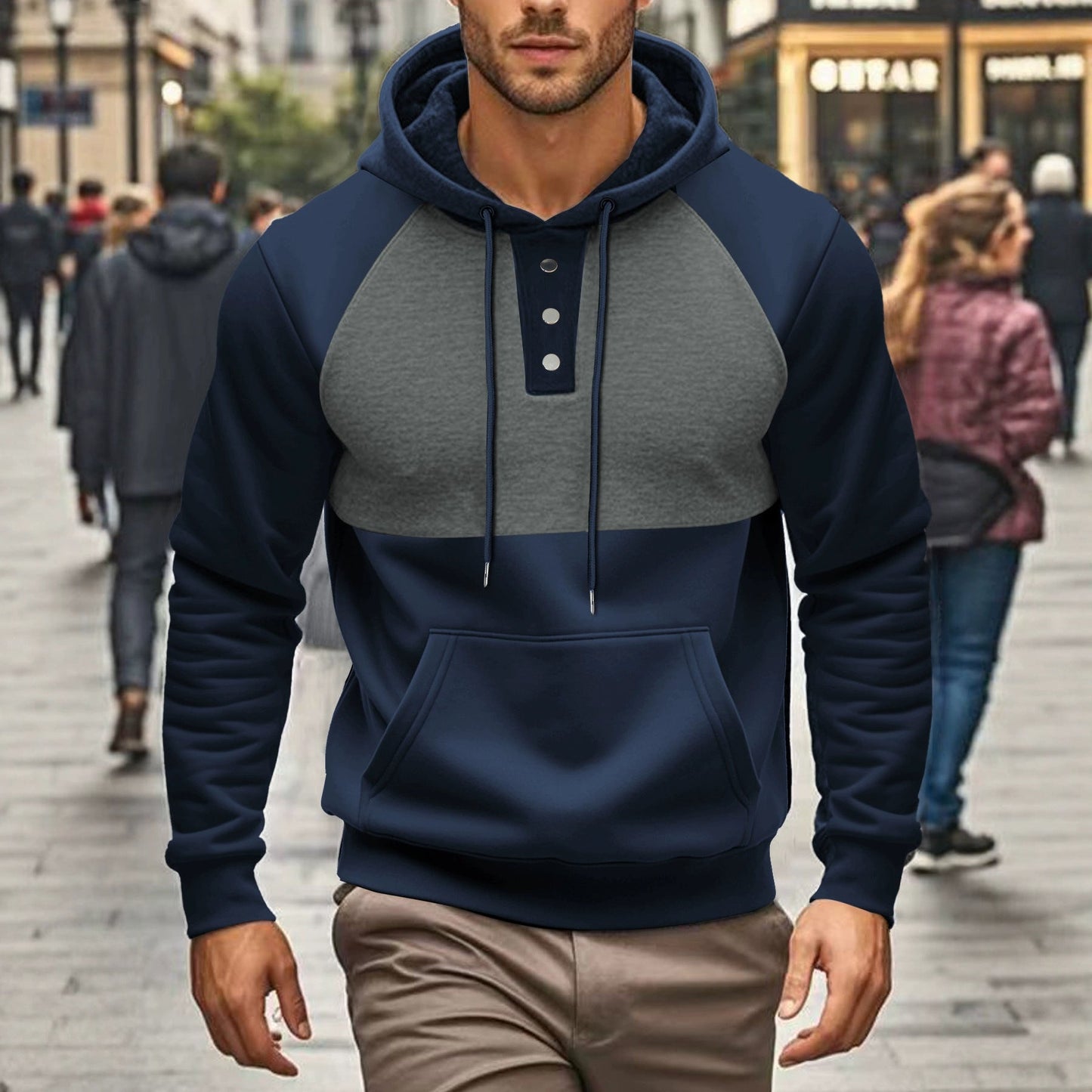 Herren Kapuzenpullover Modern mit Kängurutasche und Knöpfen - BerlinGlamour